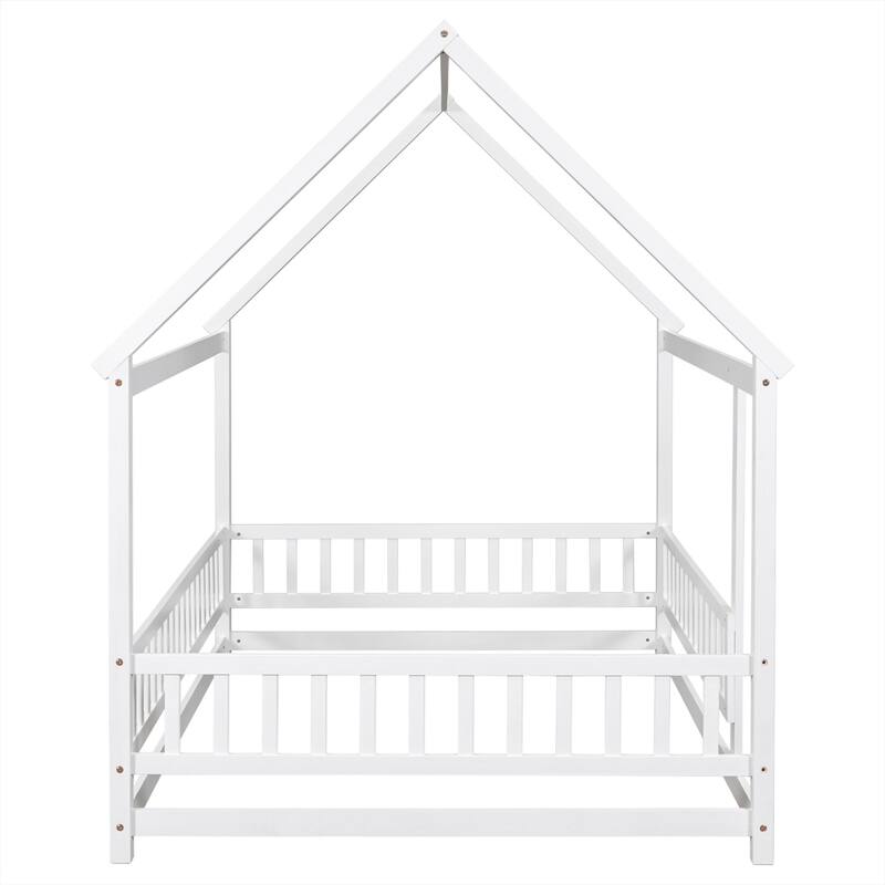 Floor Wooden Bed with House Roof Frame, Fence Guardrails