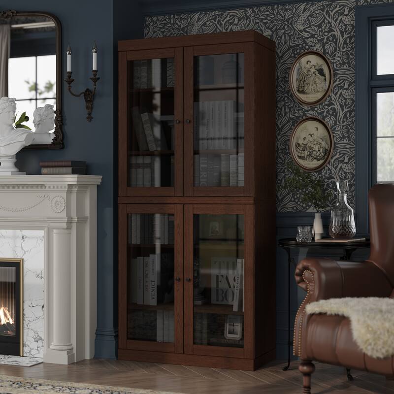 Palace Imports Premium 100% Solid European Oak Hardwood 6-Shelf Modular Bookcase with Tinted Glass Doors - 32" Wide, 71.5" Tall - Rich Cherry Oak