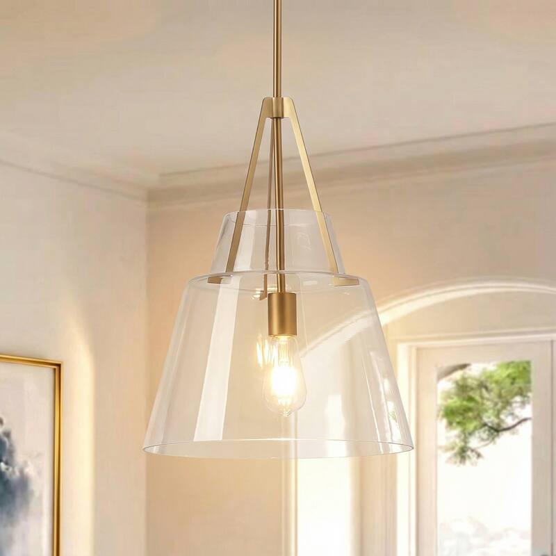 15" Contemporary Brushed Gold Tapered Clear Glass 1-Light Adjustable Pendant Fixture - N/A