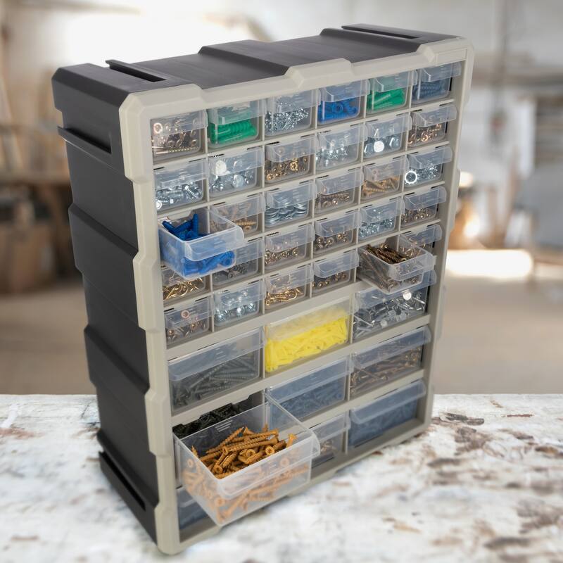 39-Drawer Plastic Small Parts Organizer - Desktop or Wall Storage Drawers for Organizing Hardware by Stalwart (Black)