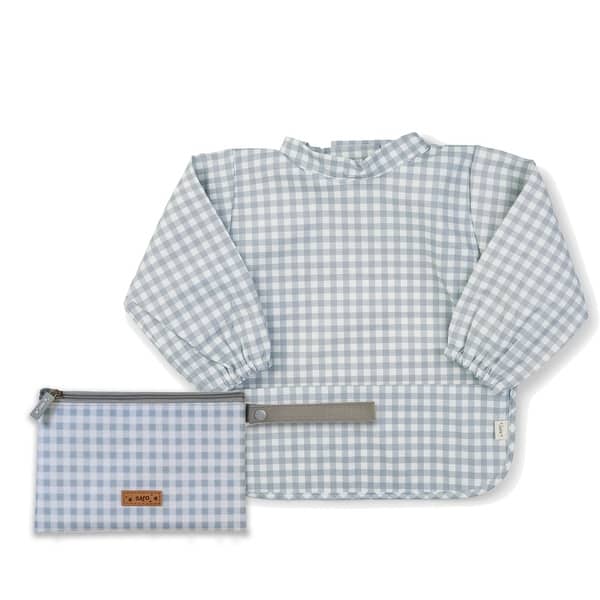 slide 2 of 5, Saro Long-Sleeve Waterproof Smock Bib & Reusable Snack Bag Bundle - Vichy Gray Vichy Gray