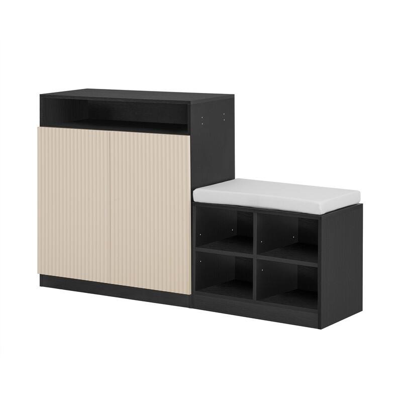 Entryway Bench Cabinet With Cushion, 2 Doors and 3-Tier Adjustable Shelves for Entryway Organization