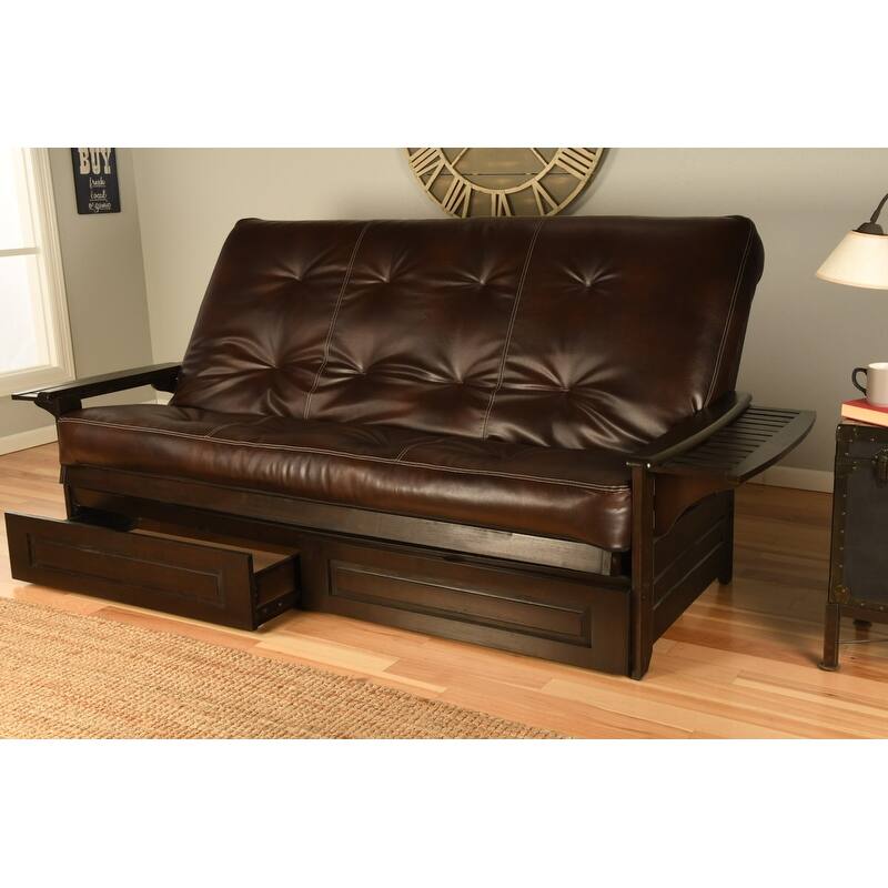 Somette Phoenix Queen-size Storage Futon Set in Espresso Finish with Faux Leather Mattress - Oregon Trail Java