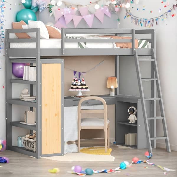 slide 2 of 13, Multi-Functional Twin Size Loft Bed with Ladder, Shelves and Desk, Space-saving, Health and Comfort, Sturdy Construction, Grey Grey