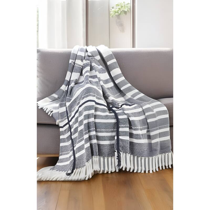 50" X 60" Blue and White Kantha Cotton Striped Throw Blanket with Embroidery - Throw