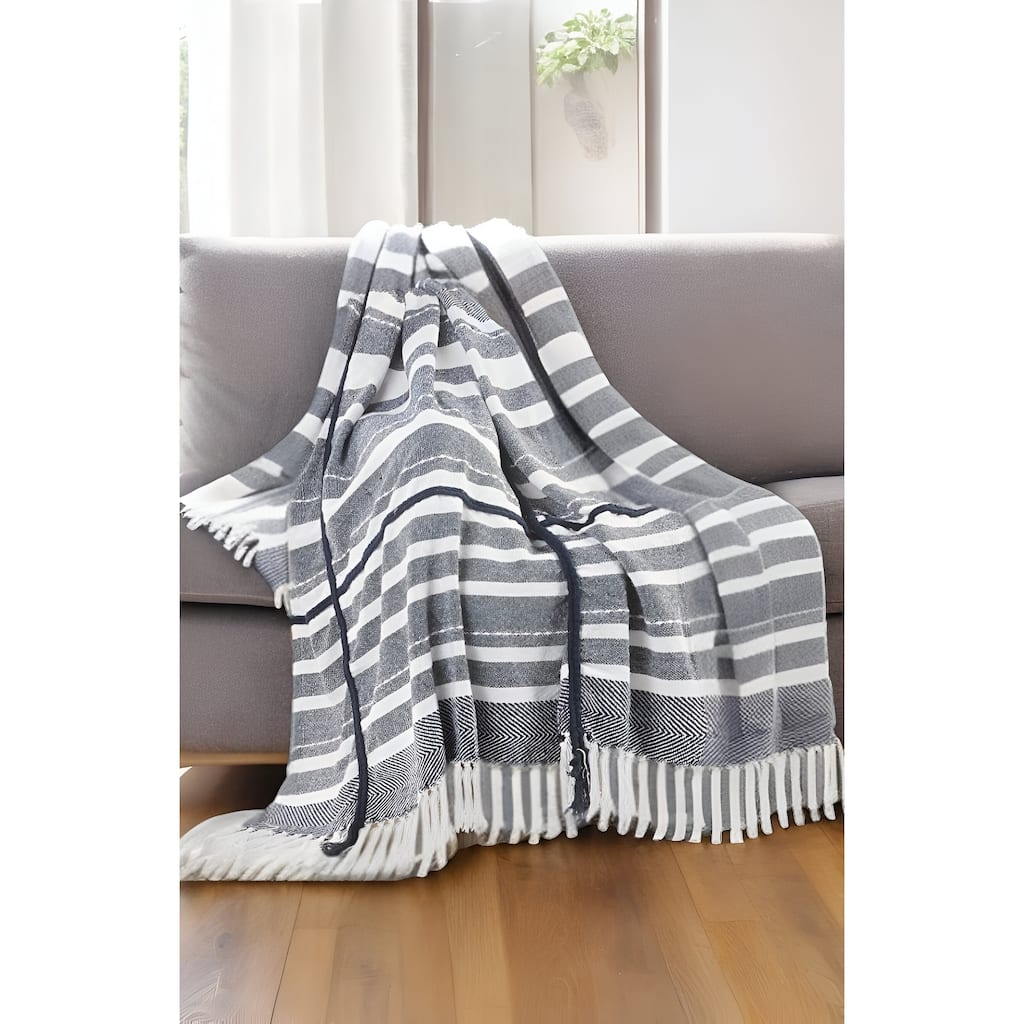 50" X 60" Blue and White Kantha Cotton Striped Throw Blanket with Embroidery