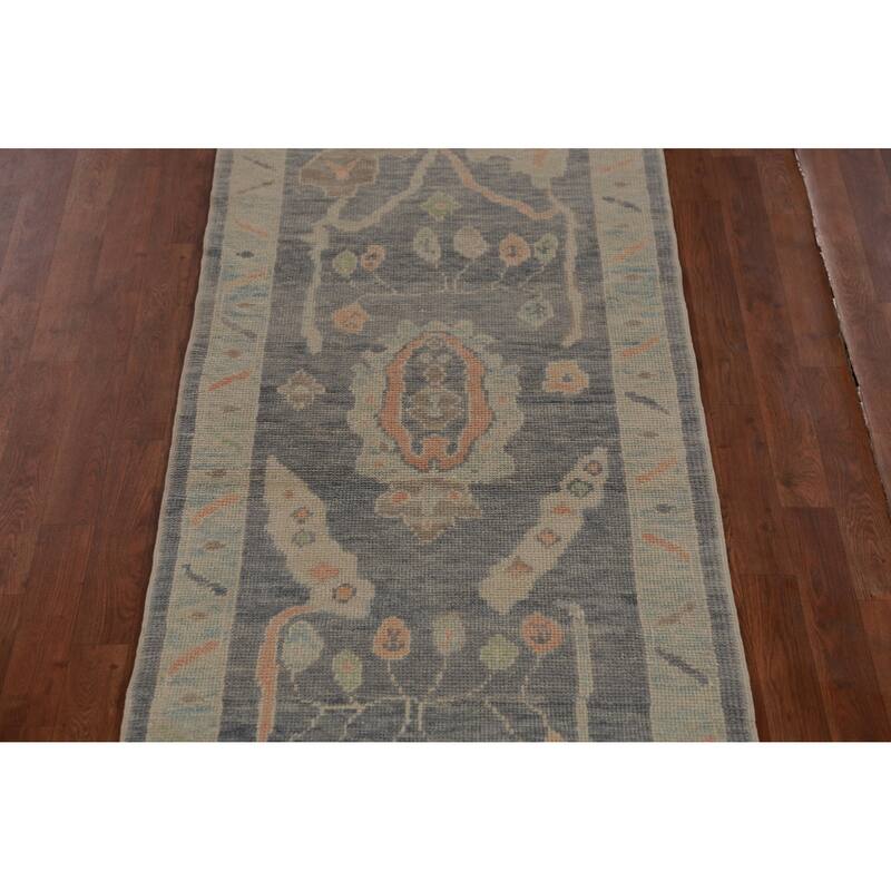 Hand Knotted Oriental 100% Wool Carpet Transitional Geometric Navy Blue & Blues Oushak Runner Rug - 9' 6'' X 2' 11''