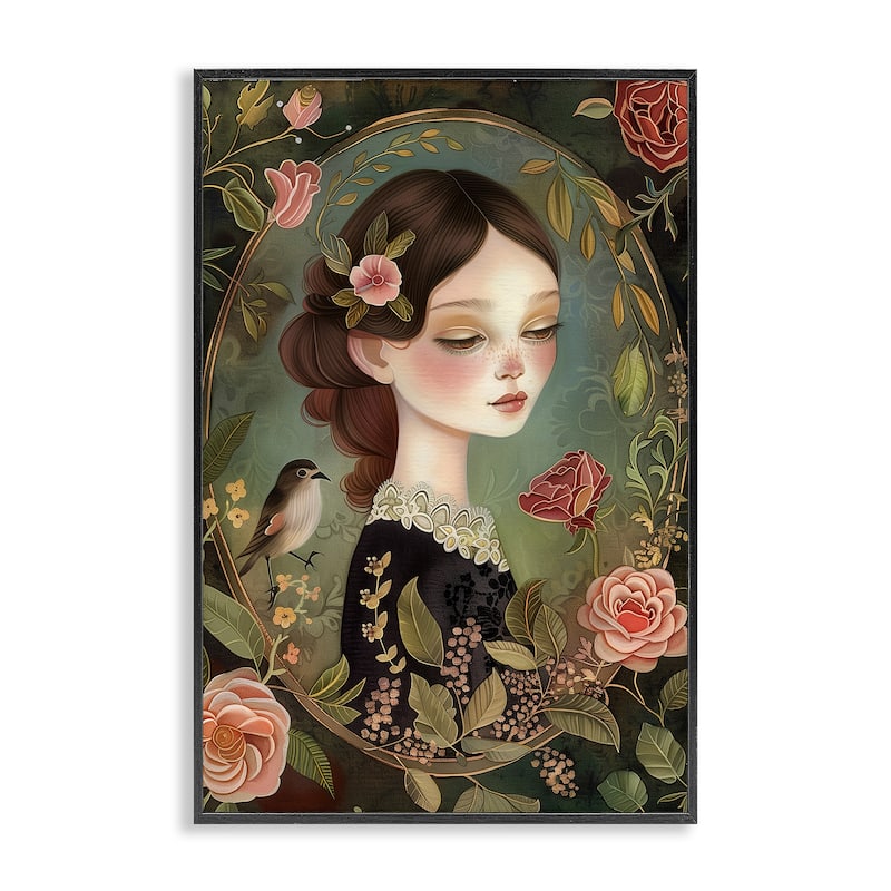 Stupell Vintage Lady & Floral Border Framed Giclee Art Design By The Dutch Lady - 12 x 18 - Black