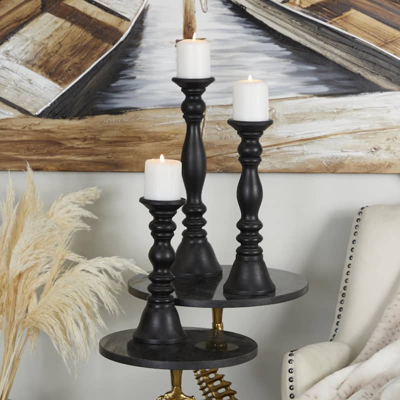Wood Turned Style Pillar Candle Holder - Set of 3 Black, Gray - Roche River Decor