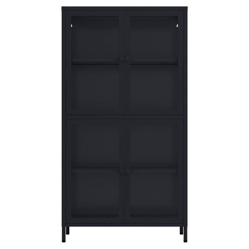 Storage Cabinet with 4 Glass Doors, Modern Sideboard Cabinet with Adjustable Shelves & Steel Feet, Accent Cabinet for Kitchen - Black