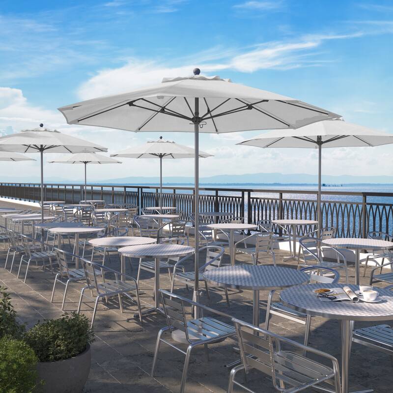 California Umbrella 9' Rd. Aluminum Frame, Fiberglass Rib Patio Umbrella, Push Open,Anodized Silver Finish, Sunbrella Fabric - Natural