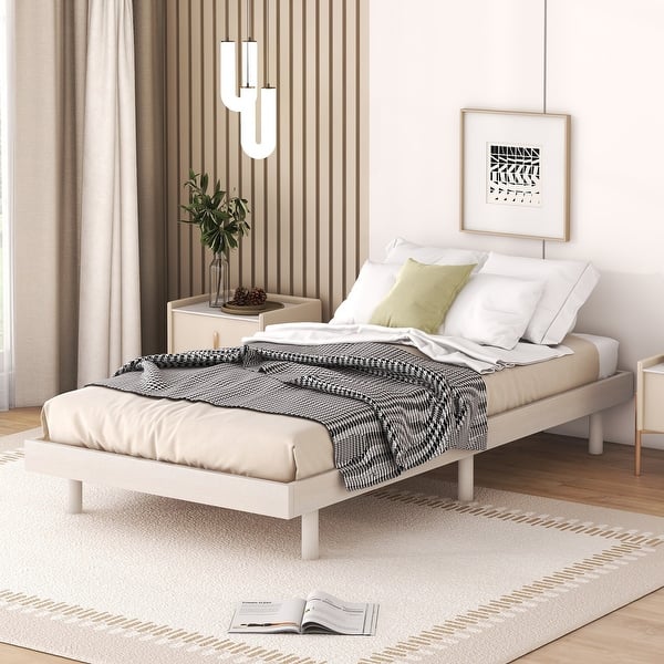 slide 2 of 9, Modern Twin Size Floating Platform Bed Frame ,Sturdy Particle Board, Rubberwood, and Plywood Construction White Washed