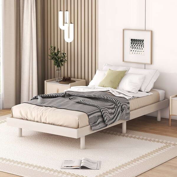 White Washed Twin Size Modern Design Floating Platform Bed with rubberwood legs and Plywood Slats for Bedroom Bed Bath Beyond 41758435
