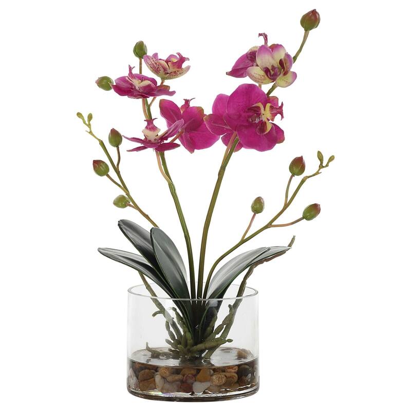 Fuchsia Orchid Artificial Floral Arrangements with Glass Container - 13" - Pink and Green