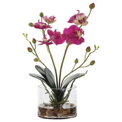 Fuchsia Orchid Artificial Floral Arrangements with Glass Container - 13" - Pink and Green