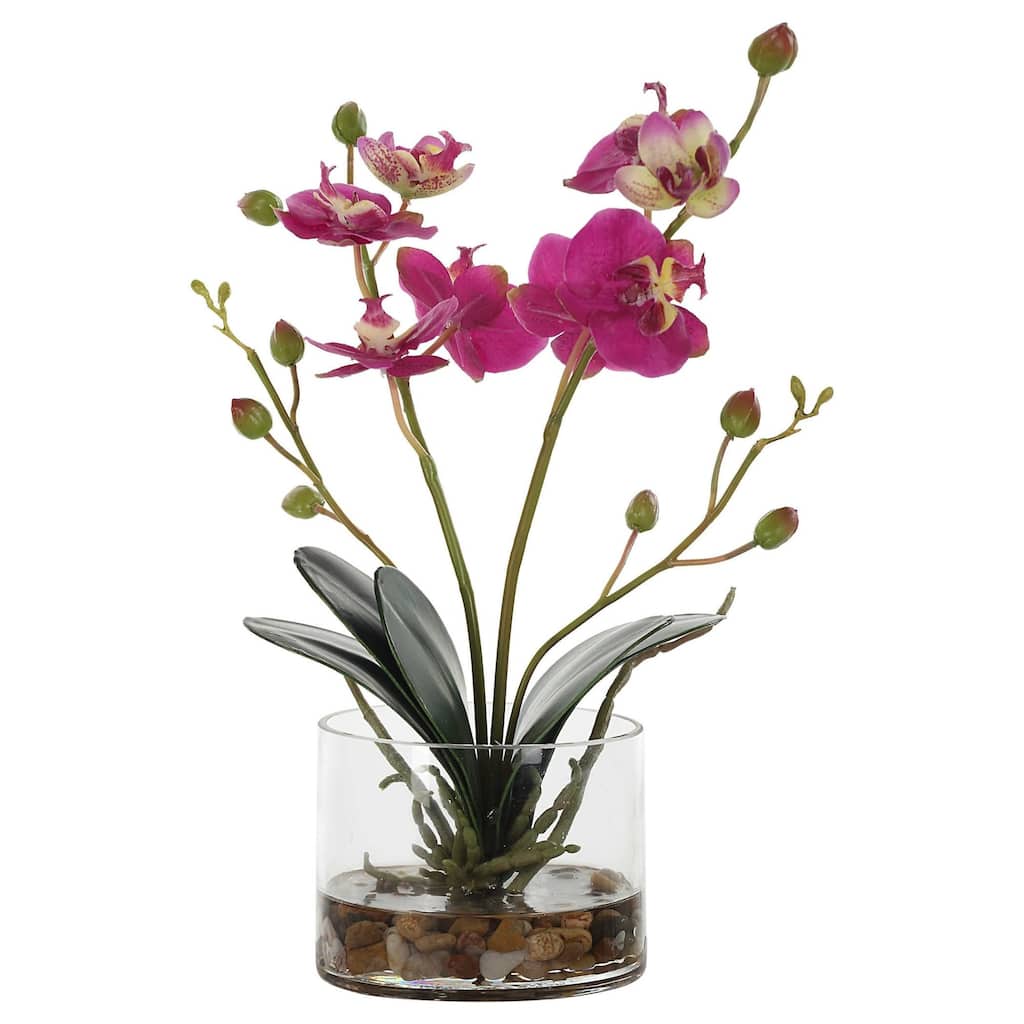 Fuchsia Orchid Artificial Floral Arrangements with Glass Container - 13" - Pink and Green