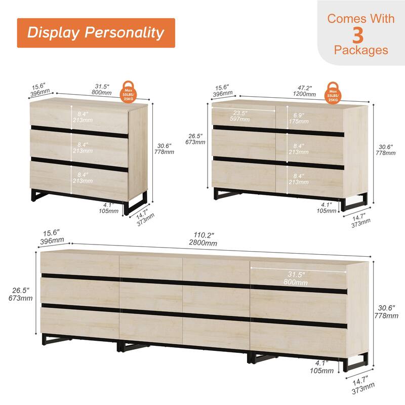 WAMPAT 3 in 1 Multifunctional Dresser with Glass Doors and 5 Drawers, Modern Chest of Drawers for Bedroom
