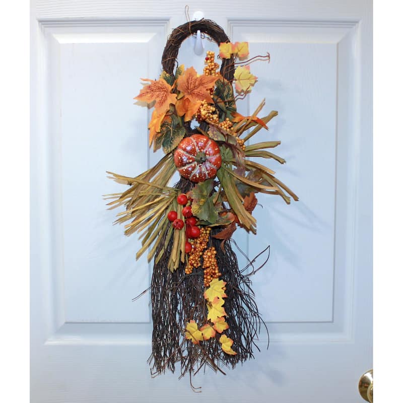 26" Fall Twig Teardrop w/ Long Grasses, Berries, Pumpkins & Leaves
