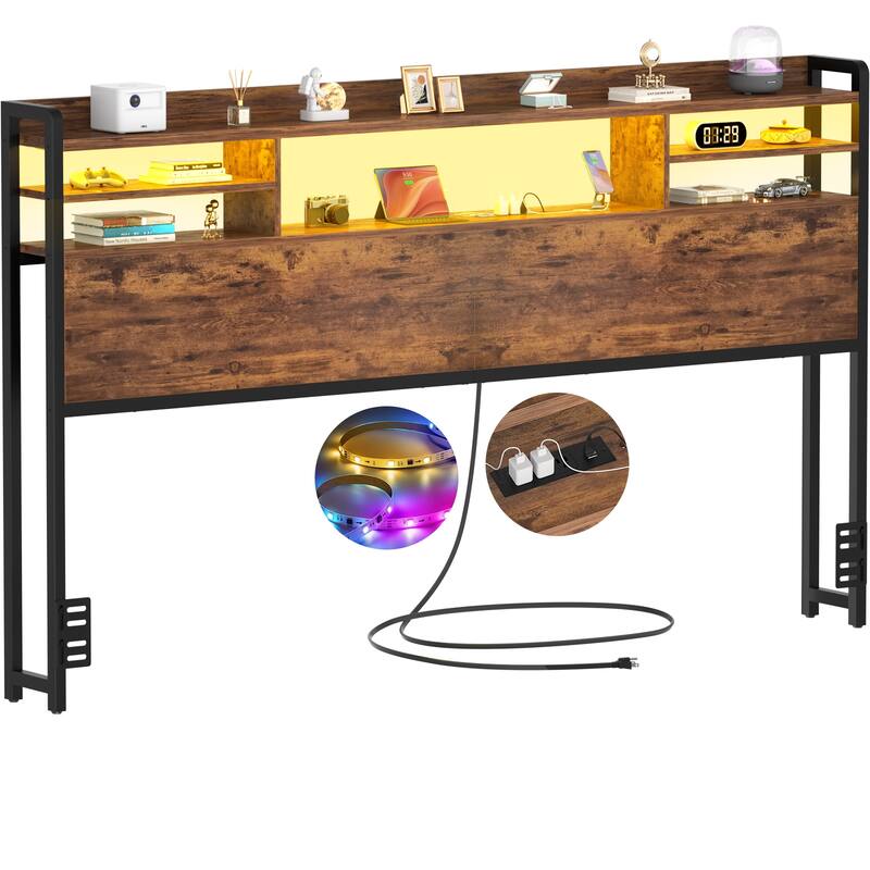 Storage Headboard with USB Port and Power Outlet, Head Board with LED Light for Bed Frame
