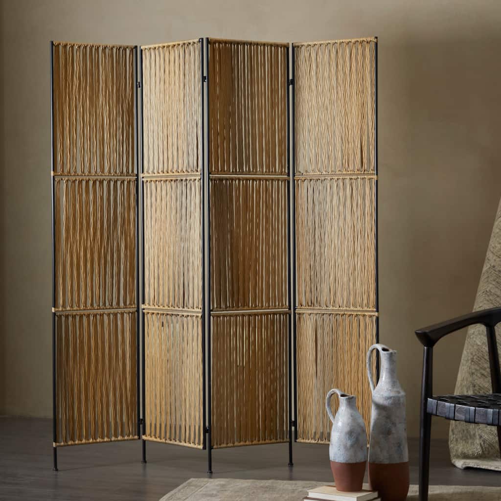 Light Brown Bamboo Handmade Hinged Foldable Partition 4 Panel Room Divider Screen