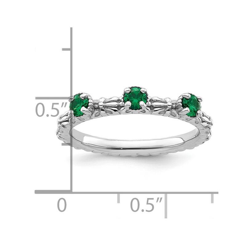 Curata 2.5mm 925 Sterling Silver Polished Prong set Stackable Expressions Created Emerald Three Stone Ring