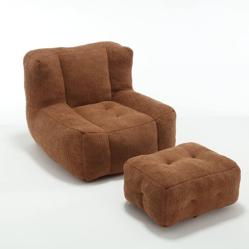 Fluffy Bean Bag Chair with Memory Foam and Ottoman, Super Soft Velvet Bean Bag for Adults & Kids, Comfortable Lazy Sofa