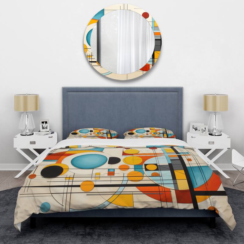 Designart "Orange Blue Mid Century Graphic Geometrics" Orange Mid-Century - Bedding Cover Set With Shams