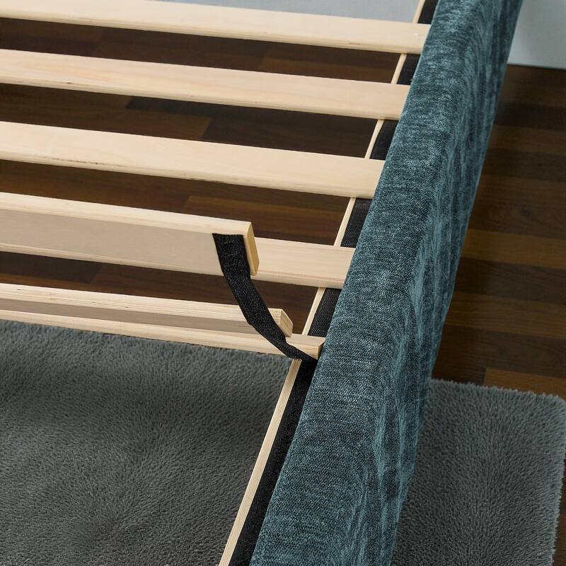 King Upholstered Platform Bed with Pleated Chenille Headboard, Built-in Bedside Table & Adjustable Lamps, No Box Spring