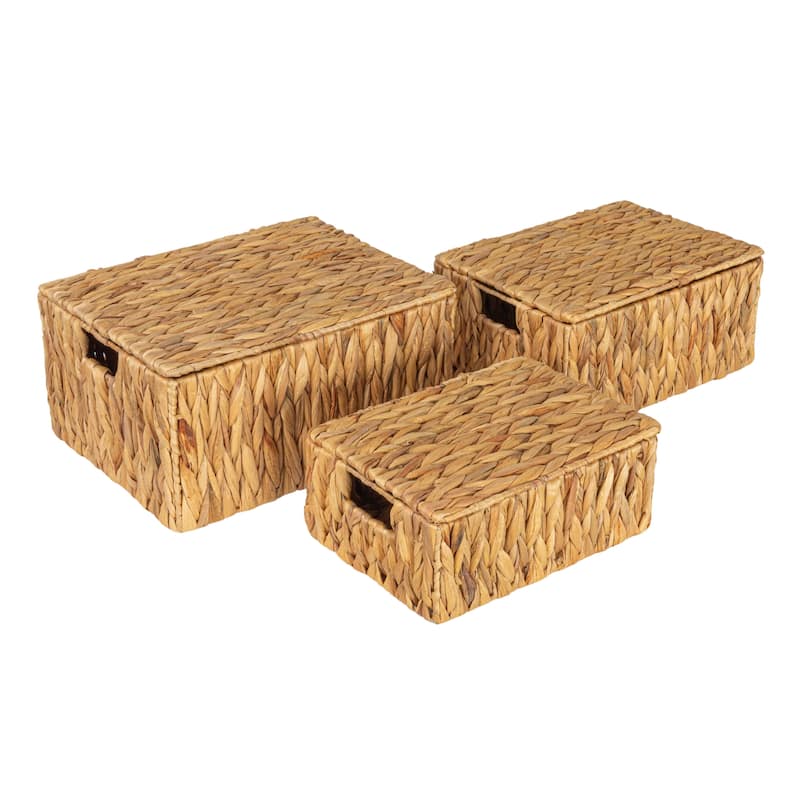 Household Essentials Water Hyacinth Nesting Basket Set with Lid, Set of 3 - 14.2"L x 11.0"W x 7.1"H