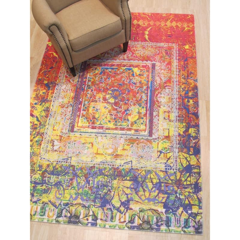 Red Distressed Bohemian Moderno Rug by , Stylish and Bold Area Rug for Adding a Bohemian Flair to Your Living Room