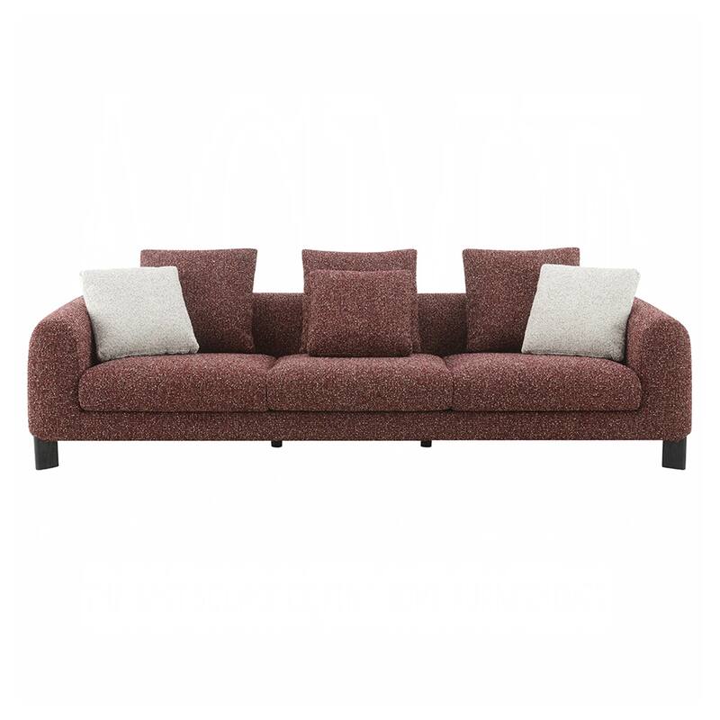 Tweed Fabric Upholstered Sofa with 3 Pillows in Maroon - Maroon