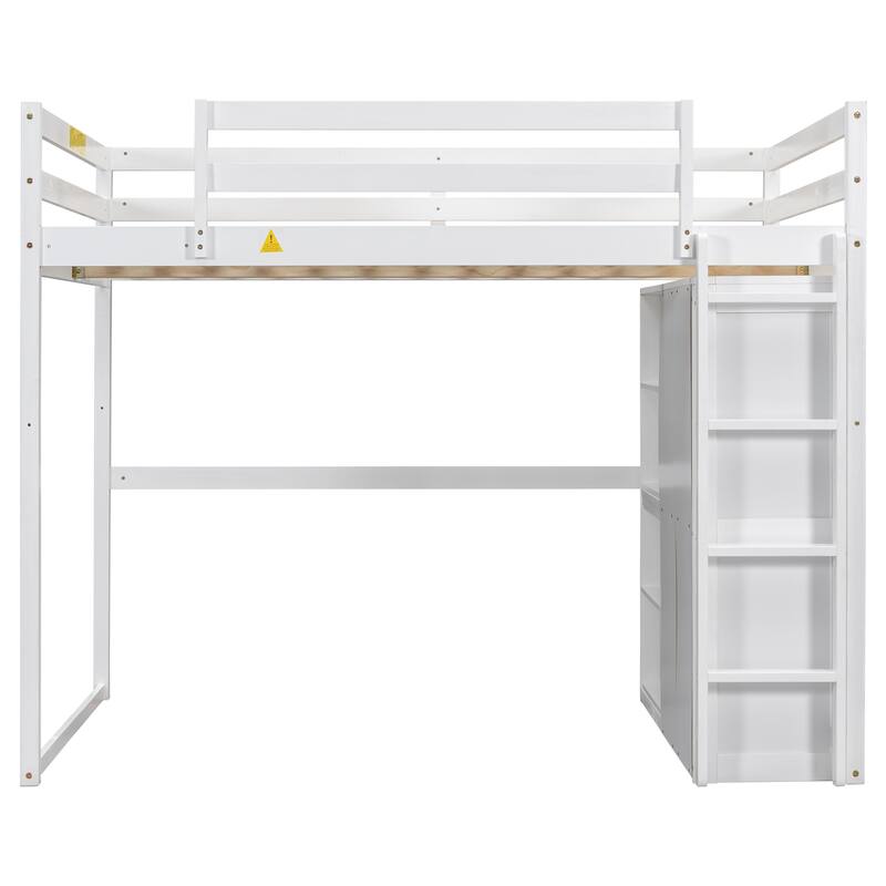 Full Size Loft Bed with Wardrobe, Storage Shelves, and LED Light in White