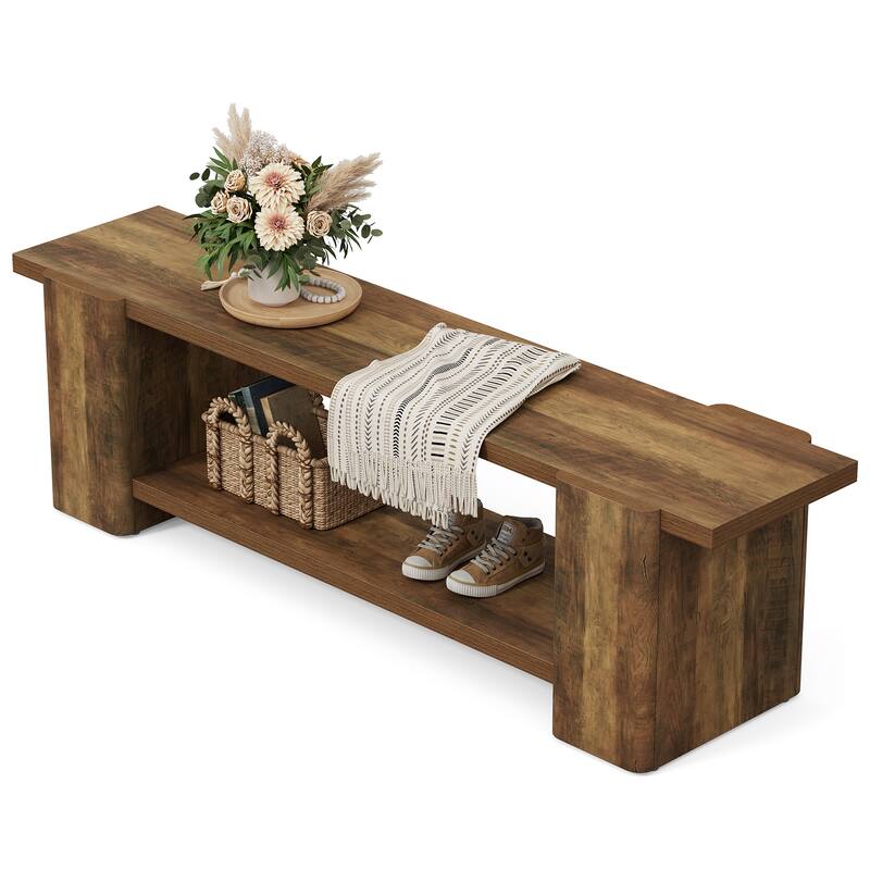 63" Entryway Bench, 2-tier Shoe Bench with Open Shelves