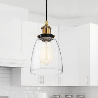 Black and Antique Brass Finish 1-Light Mini Pendant with Clear Bell Glass Shade