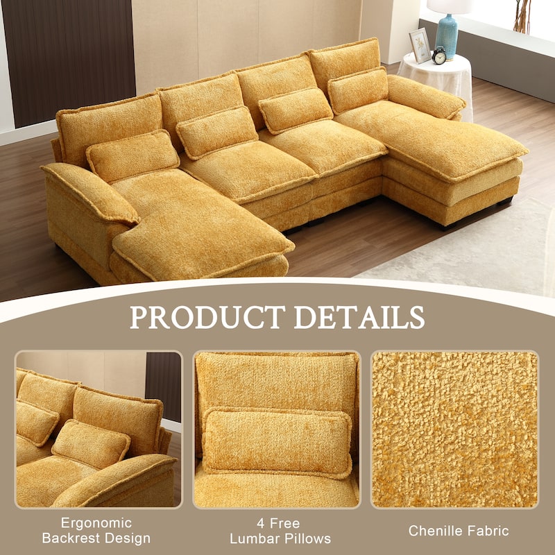 Chenille Upholstered U-Shaped Living Room Sectional Sofa With Wooden Legs