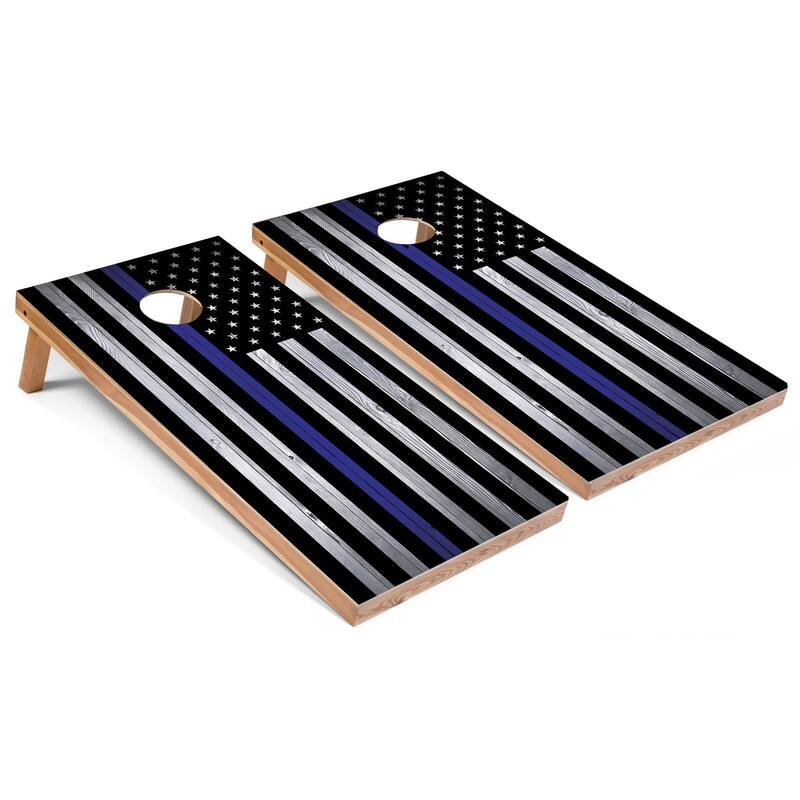 Solid Wood Cornhole Boards - USA Thin Blue Line Design - Regulation 2x4 (24" x 48") - Include Edge Lights