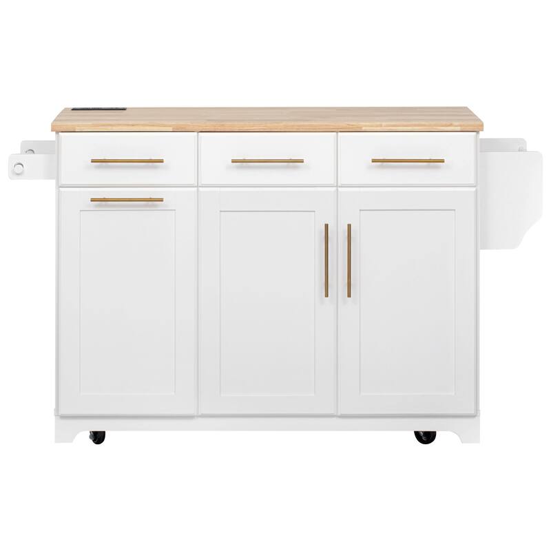 59.3" Rolling Kitchen Island with Storage 2 Pull Out Cabinet Organizers & Rubber Wood Drop Leaf,Trash Can Storage,Power Outlet