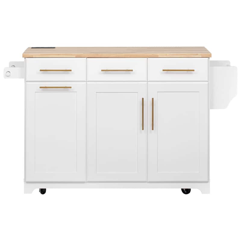 59.3" Rolling Kitchen Island with Storage and Pull-Out Organizers Rubber Wood Drop Leaf Rolling Design for Versatile Use