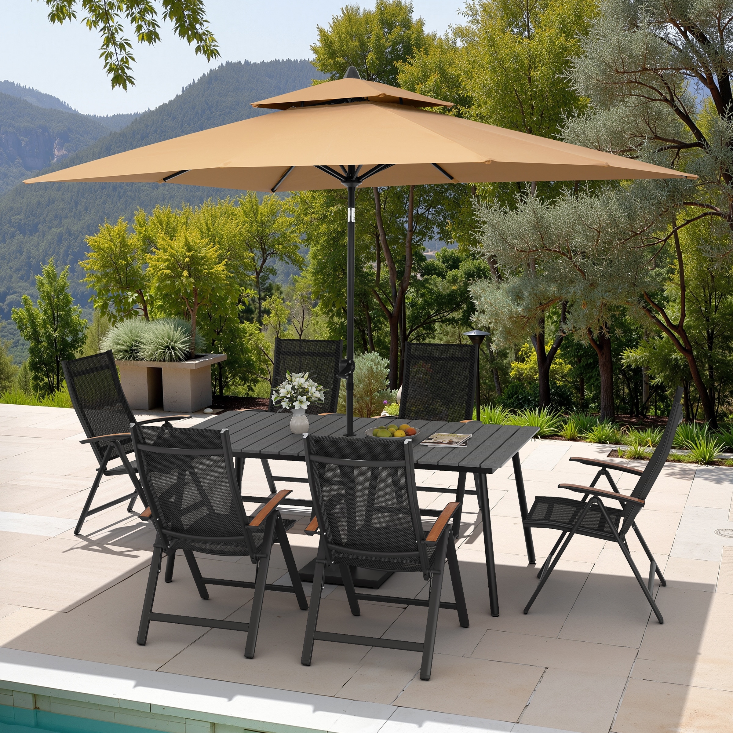 9PC Outdoor Patio Dining Set Wood-Like Aluminum Umbrella Hole Table with Folding Chairs,Double Top Market Umbrella and Base