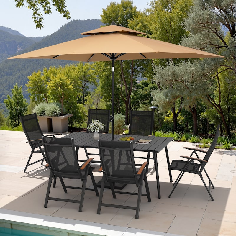 9PC Outdoor Patio Dining Set Wood-Like Aluminum Umbrella Hole Table with Folding Chairs,Double Top Market Umbrella and Base - GreyTable&BlackChairs&TanUmbrella