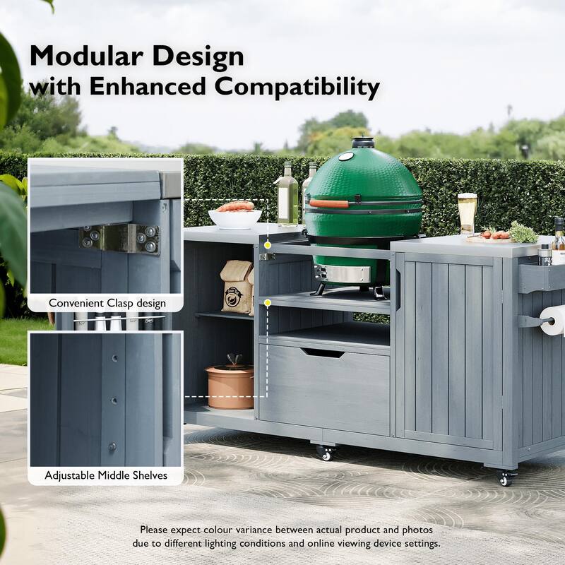 Modular Outdoor BBQ Grill Cart with Stainless Steel Worktop, Storage Cabinet, Paper Towel Rack & Spice Rack