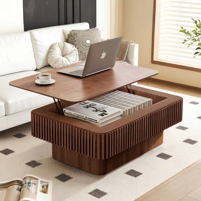 Fluted 38.6" Lift-top Coffee Table, Solid Wood Modern Accent Table with Storage and Adjustable Height