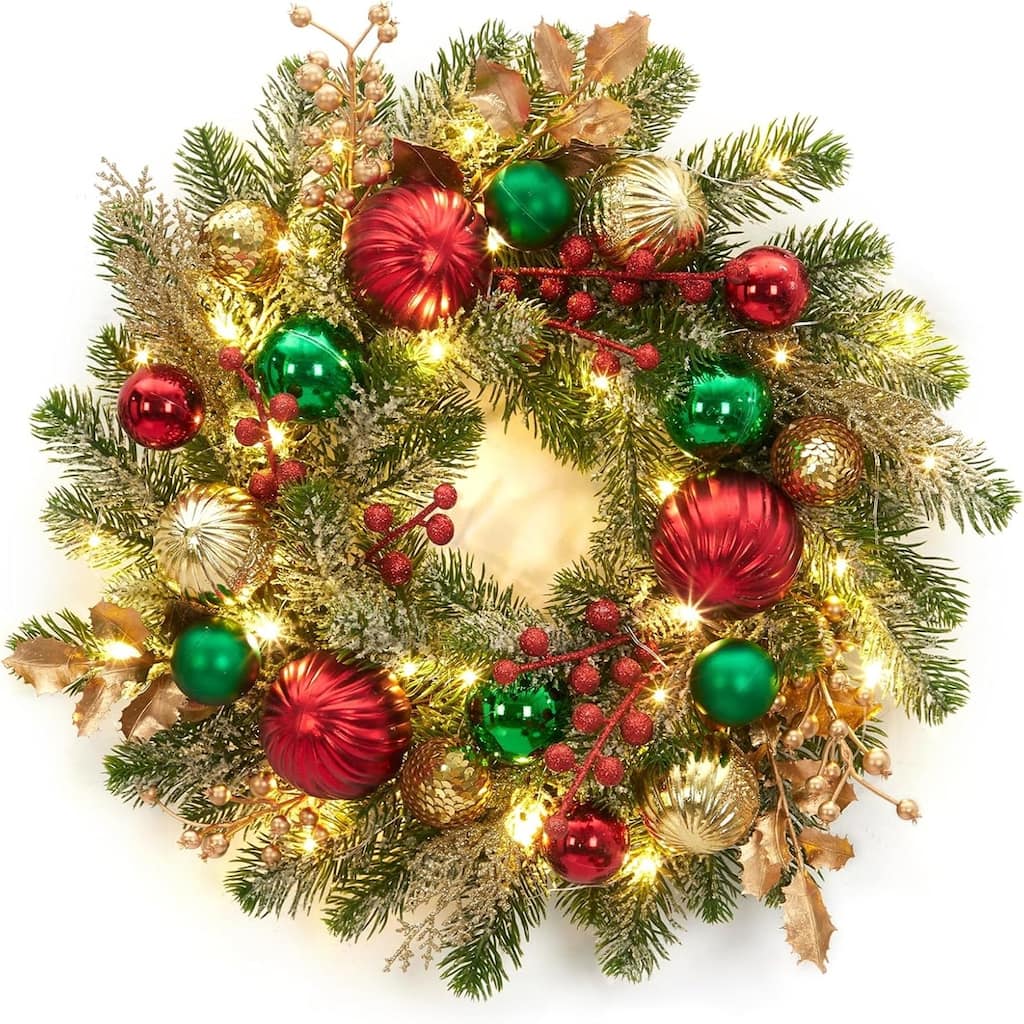 16 Inch Pre-Lit Christmas Wreath with 30 LED Battery Lights Red Green Gold Ornaments Snow Flocked - N/A