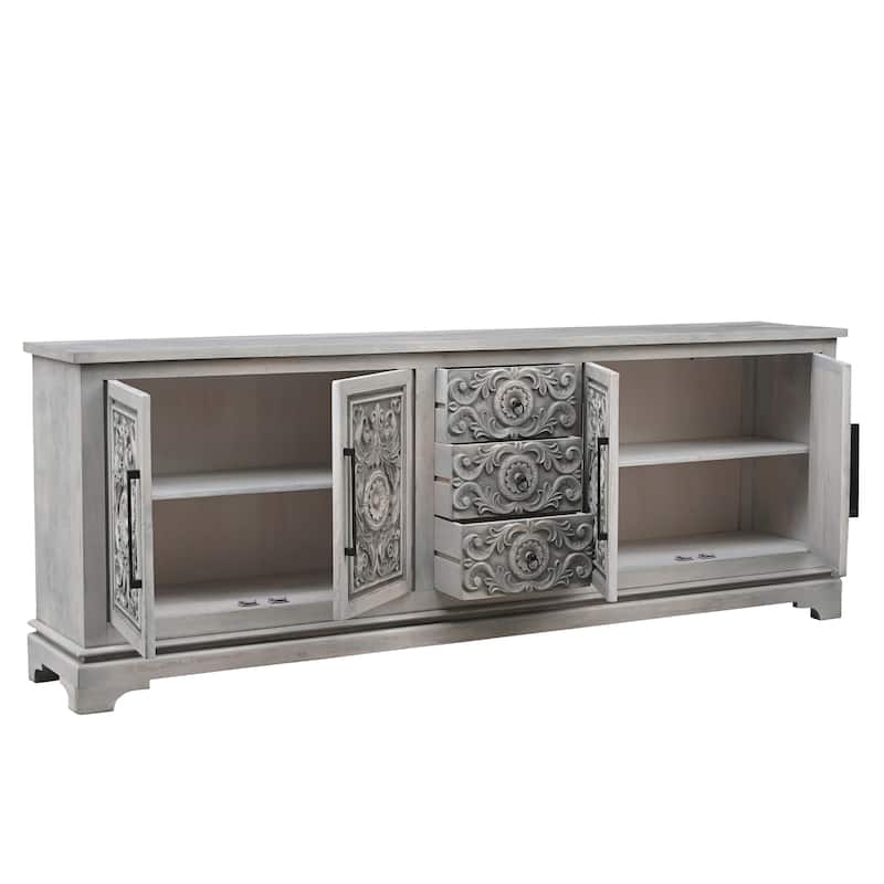 HomeRoots 106" Gray Distressed Solid Wood Carved Floral Three Drawer Sideboard with Four Doors