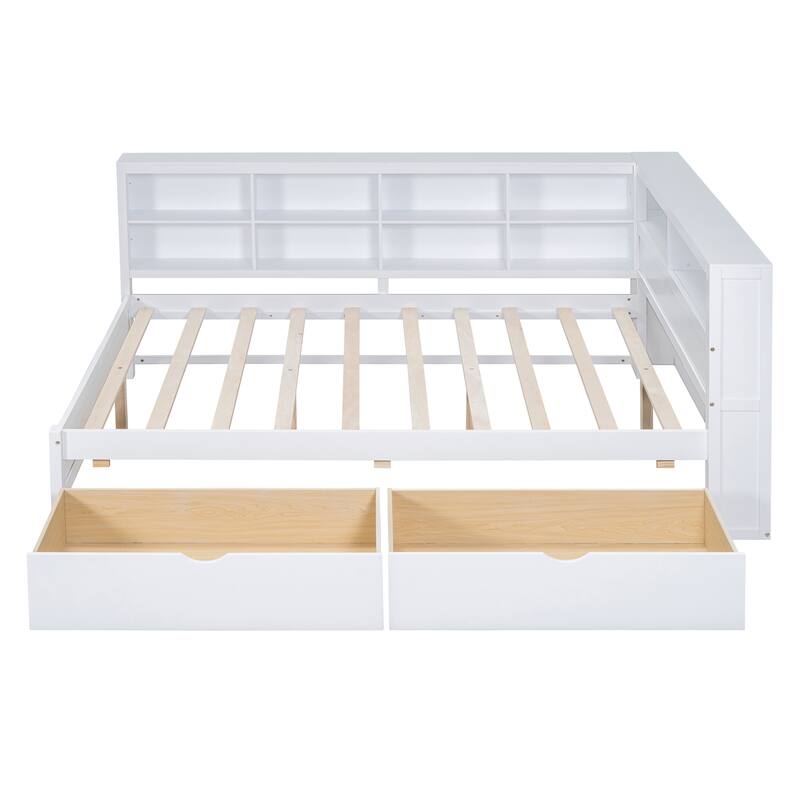 USB Ports on L-Shape Storage Headboard Bed Frame, Wooden DayBed Sofa Bed, Wooden Slat Platform Bed with 2 Drawers
