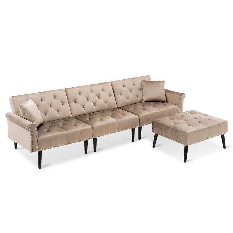 Convertible Velvet Sofa Couch, Sectional Sofa with Ottoman, Mid-Century Futon Sofa Bed - 32"D x 100.7"W x 29.9"H