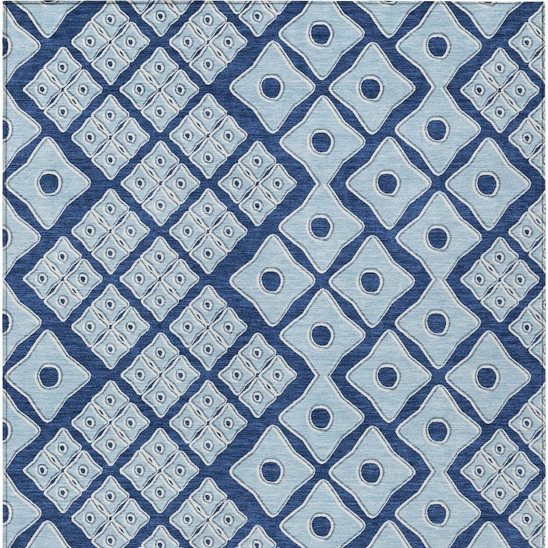 Navy Blue And Light Blue Geometric Washable Indoor Outdoor Area Rug - 5' X 8'