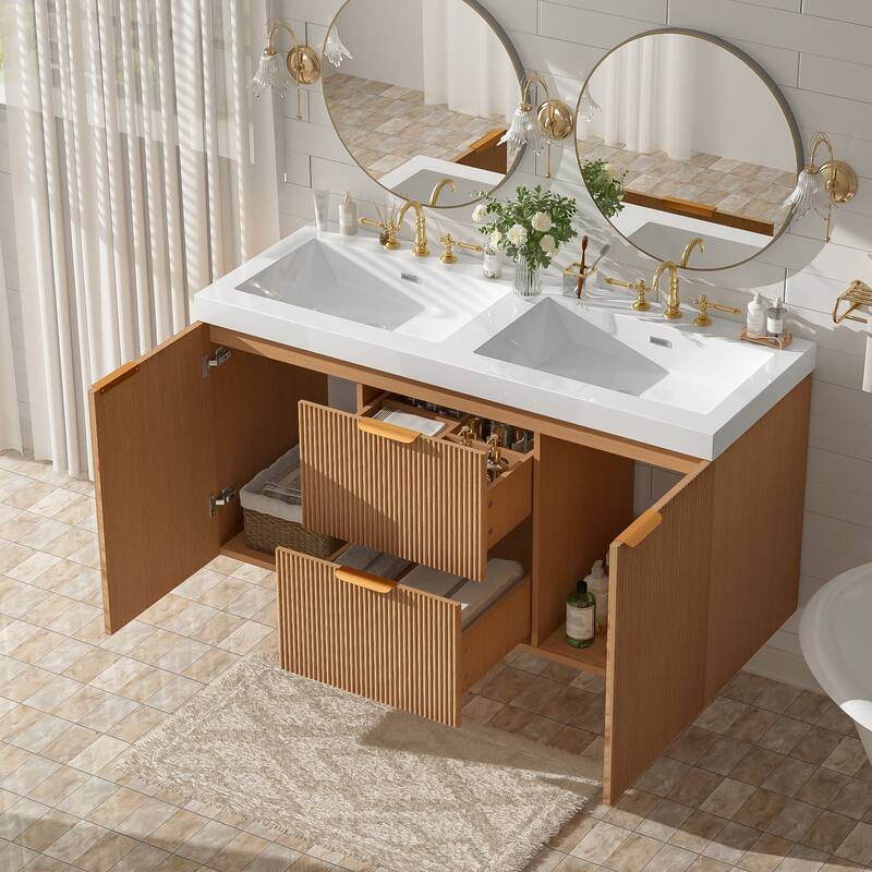 GDFStudio - Mercer Transitional Wall Mounted Bathroom Vanity Cabinet with Double SMC Sink, Soft Close Doors & Drawers