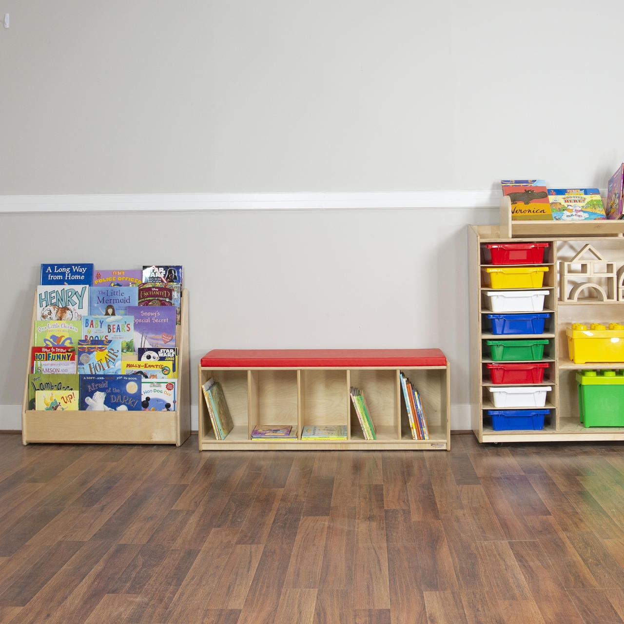 Wood Designs Kids Reading Bench with Red Cushion Birch Wood