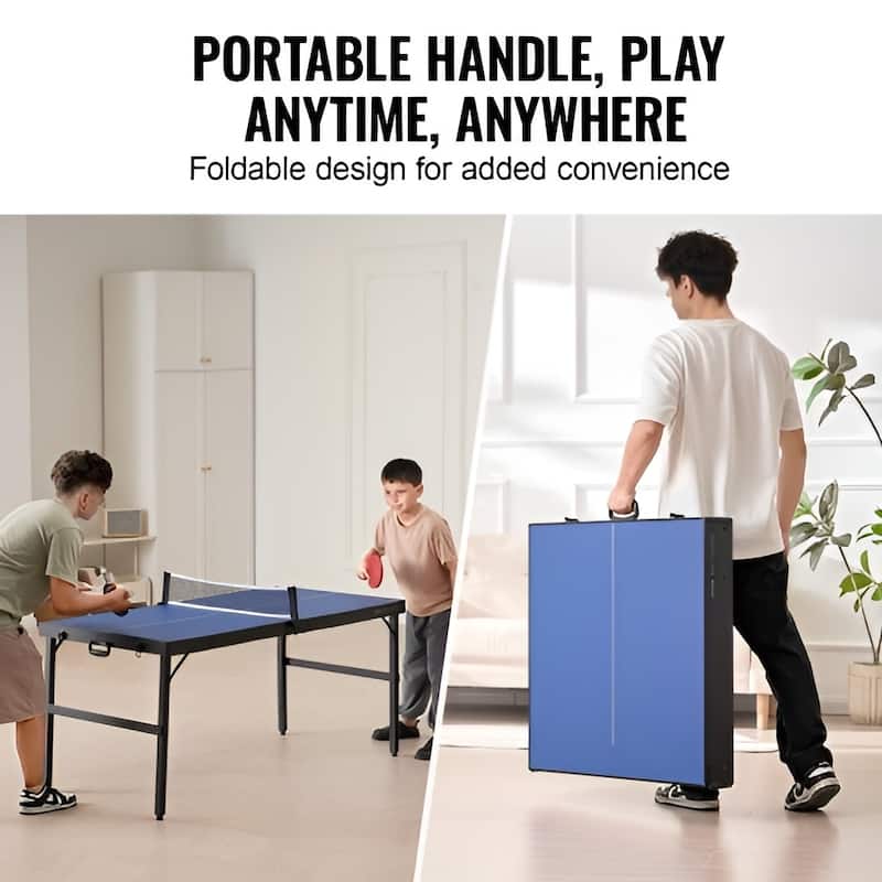 Blue Mid-Size Foldable Ping Pong Table with Net Set and Carry Handle - 60” L x 26” W x 28” H